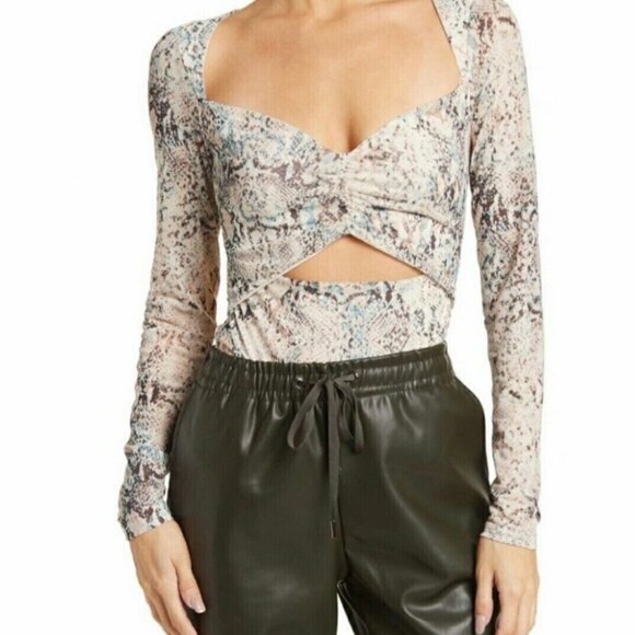 AFRM Neutral Aqua Snake Print Long Sleeve Cutout Bodysuit Size XL - Picture 2 of 16